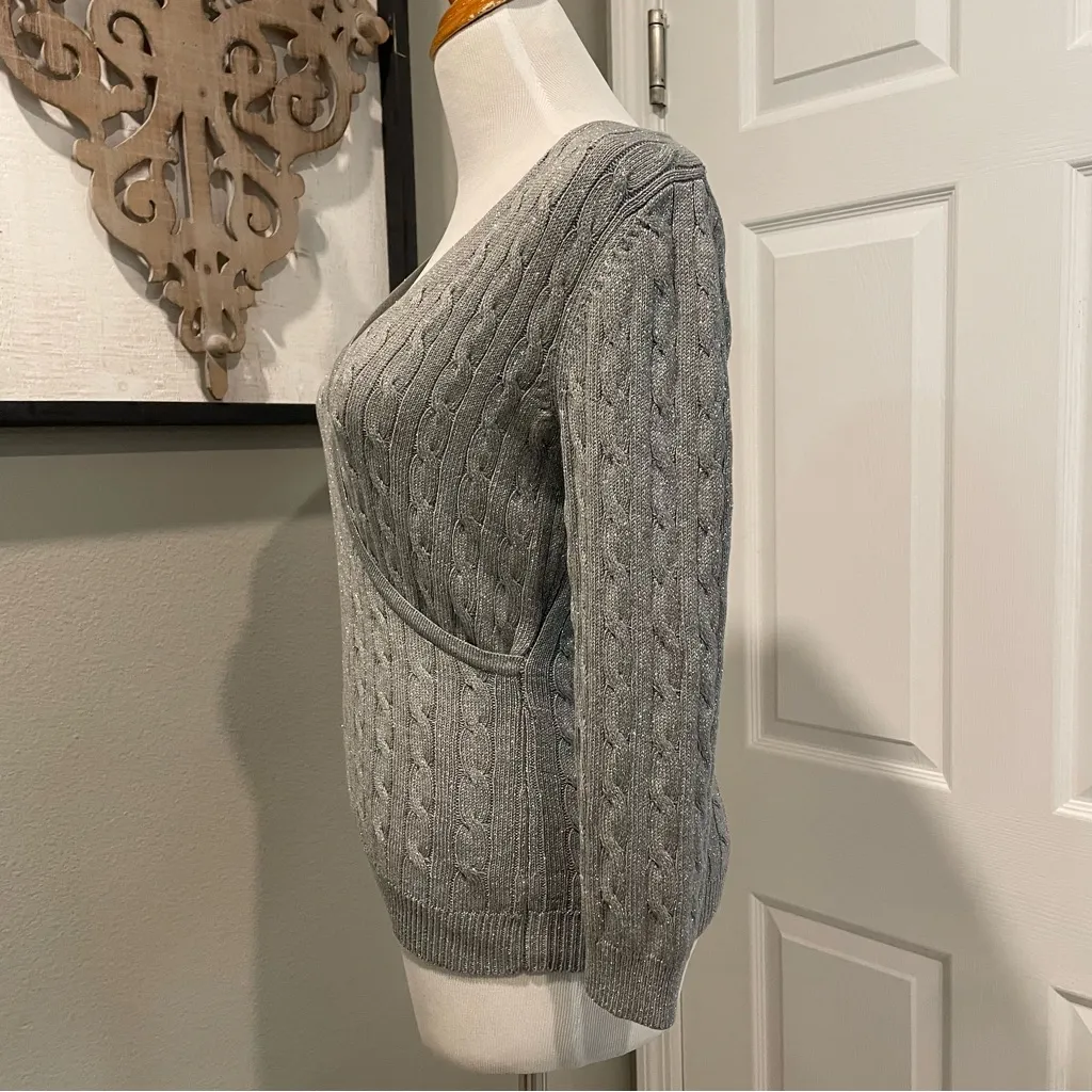 Ann Taylor Sweater Small Gray Silver Metallic Wrap Cable Knit 3/4 Stretch Silk - Image 4