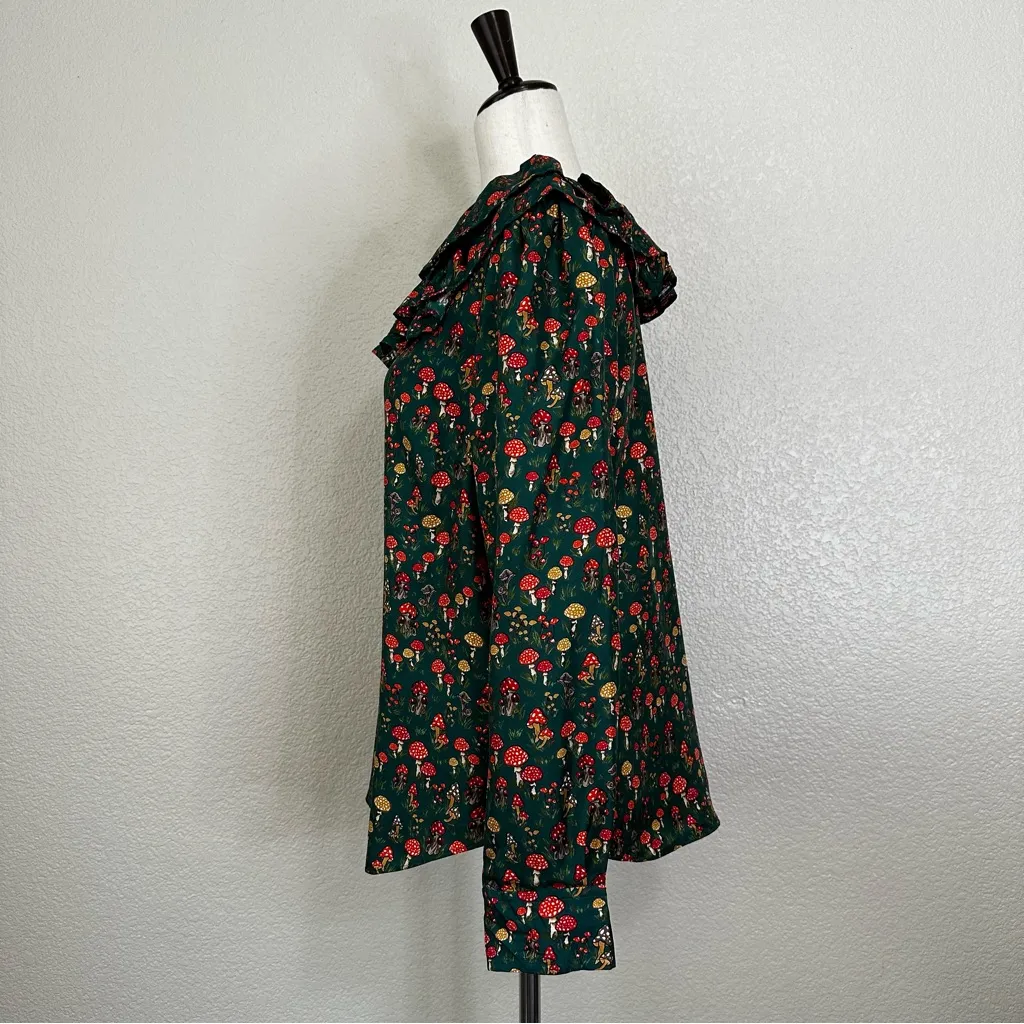 J. Crew Collection 100% Silk-Twill Ruffle Collar Mushroom Floral Top, Sz Medium - Image 5