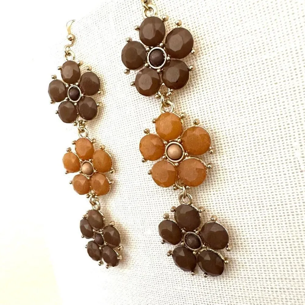Orange and brown flower triple tier drop earrings - Image 5