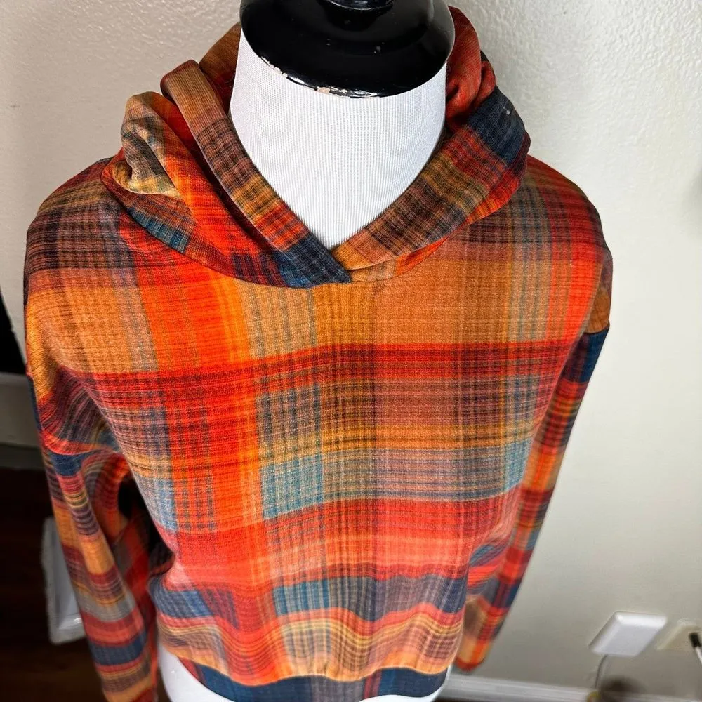 TOPSHOP Orange Plaid Velour Cropped Hoodie Sweatshirt Size2 - Image 3