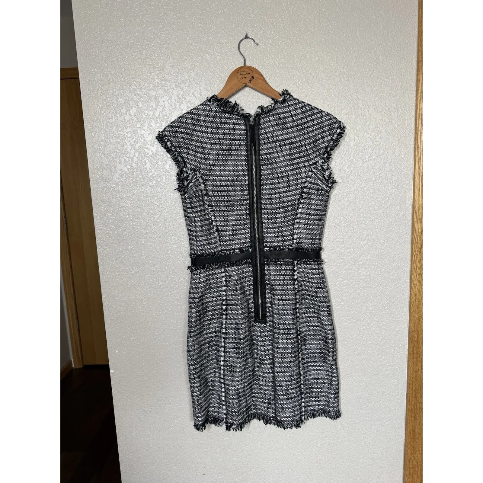 Rebecca Taylor Tweed Mini Dress Size 4 Leather Trim Black White Fringe - Image 5