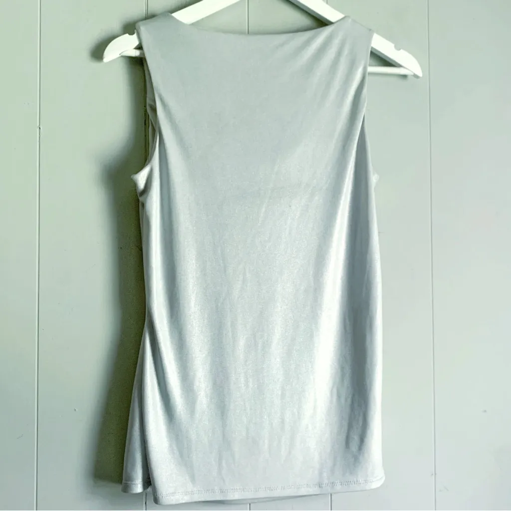 White House Black Market Silver Draped Shell Sleeveless Top M - Image 2