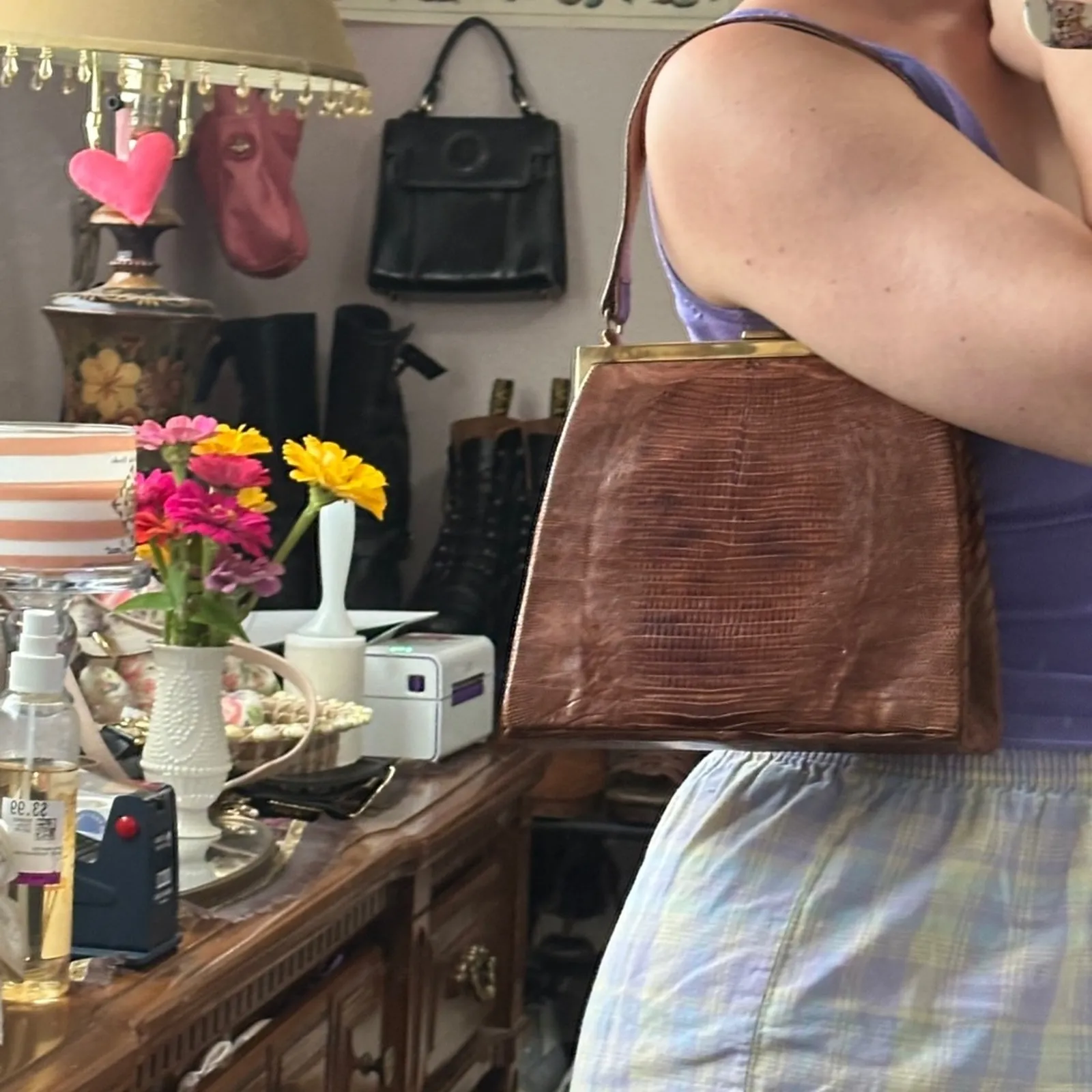 Vintage 50s 60s Bellstone Snakeskin Kisslock Elegant Brown Leather Handbag - Image 9