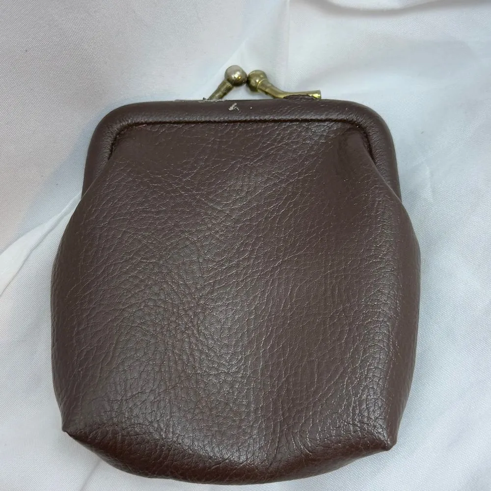 Vintage Tapestry Coin Purse‎ Kiss Lock Frame Brown Leather Trim Floral Pattern - Image 4