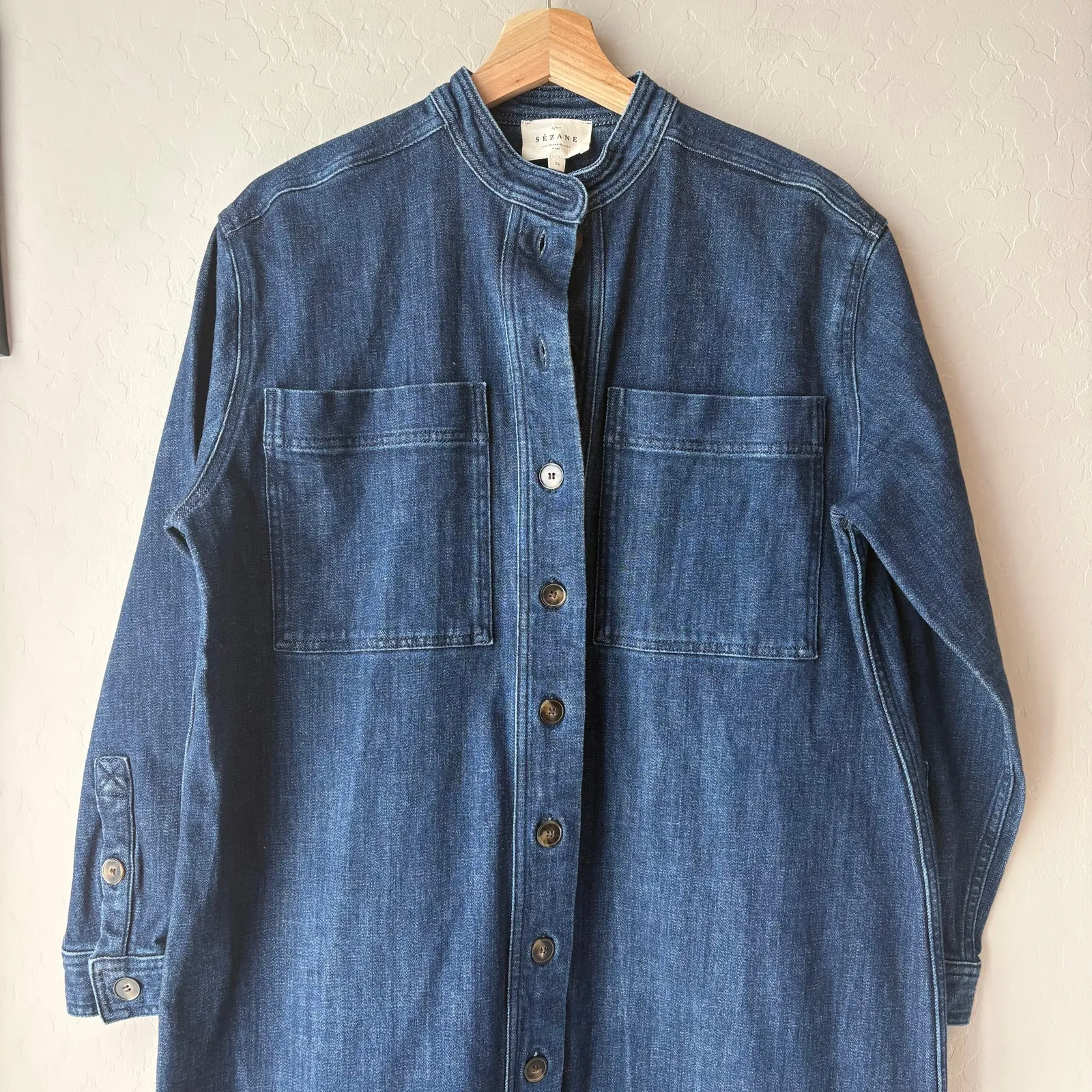 Sezane Dress Navi Denim Jean Long Sleeve Midi Dress Dark Blue Size 36 - Image 5