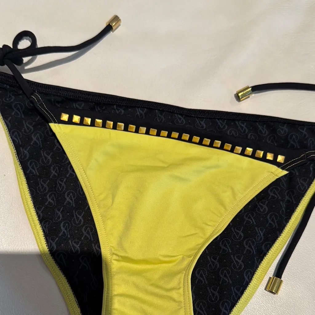 Victorias secret small black and green Bikini Bottom with Gold Accents side ties - Image 2