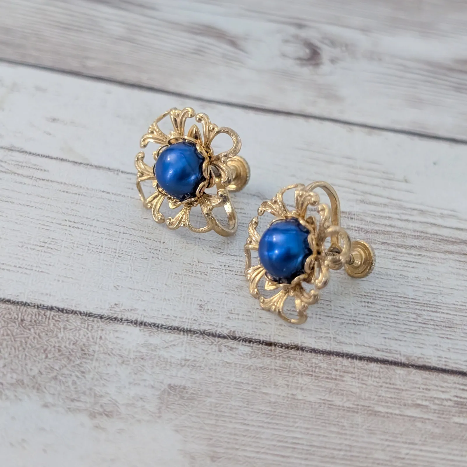 Vintage Screw On Earrings Blue Center with Gold Tone Ornate Halo 0.75" Regal - Image 3