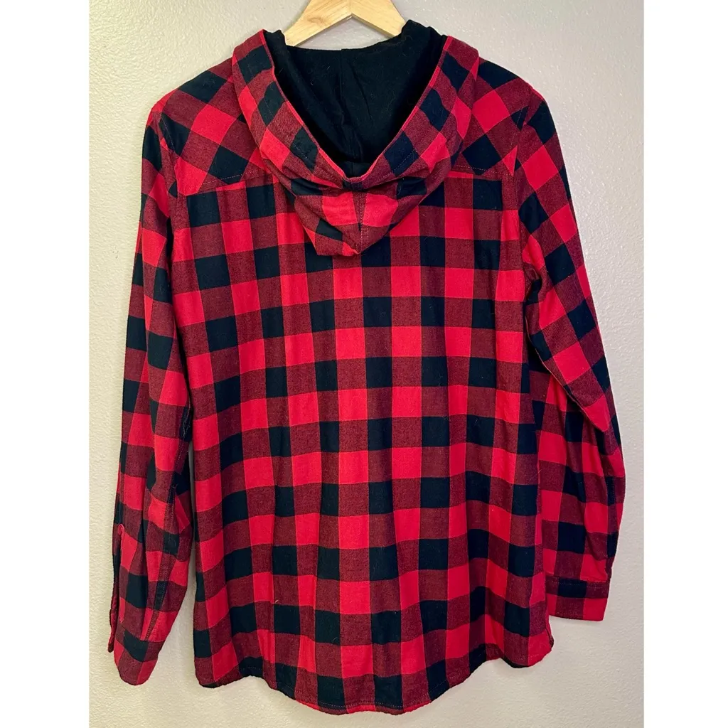 Eddie Bauer Black and Red Check Hooded Shirt Jacket - Image 4