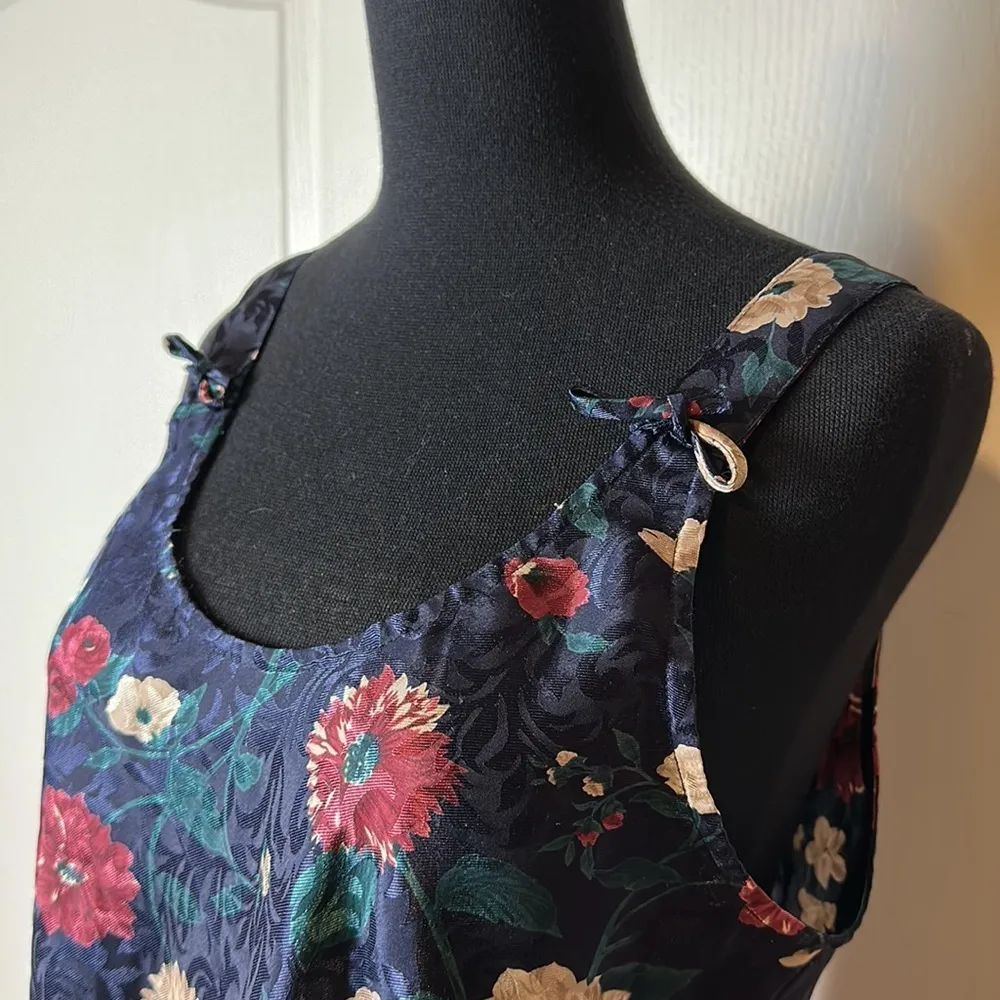VINTAGE NAVY SATIN FLORAL FLOWER LINGERIE SLIP DRESS CAMI Blue Size M - Image 4