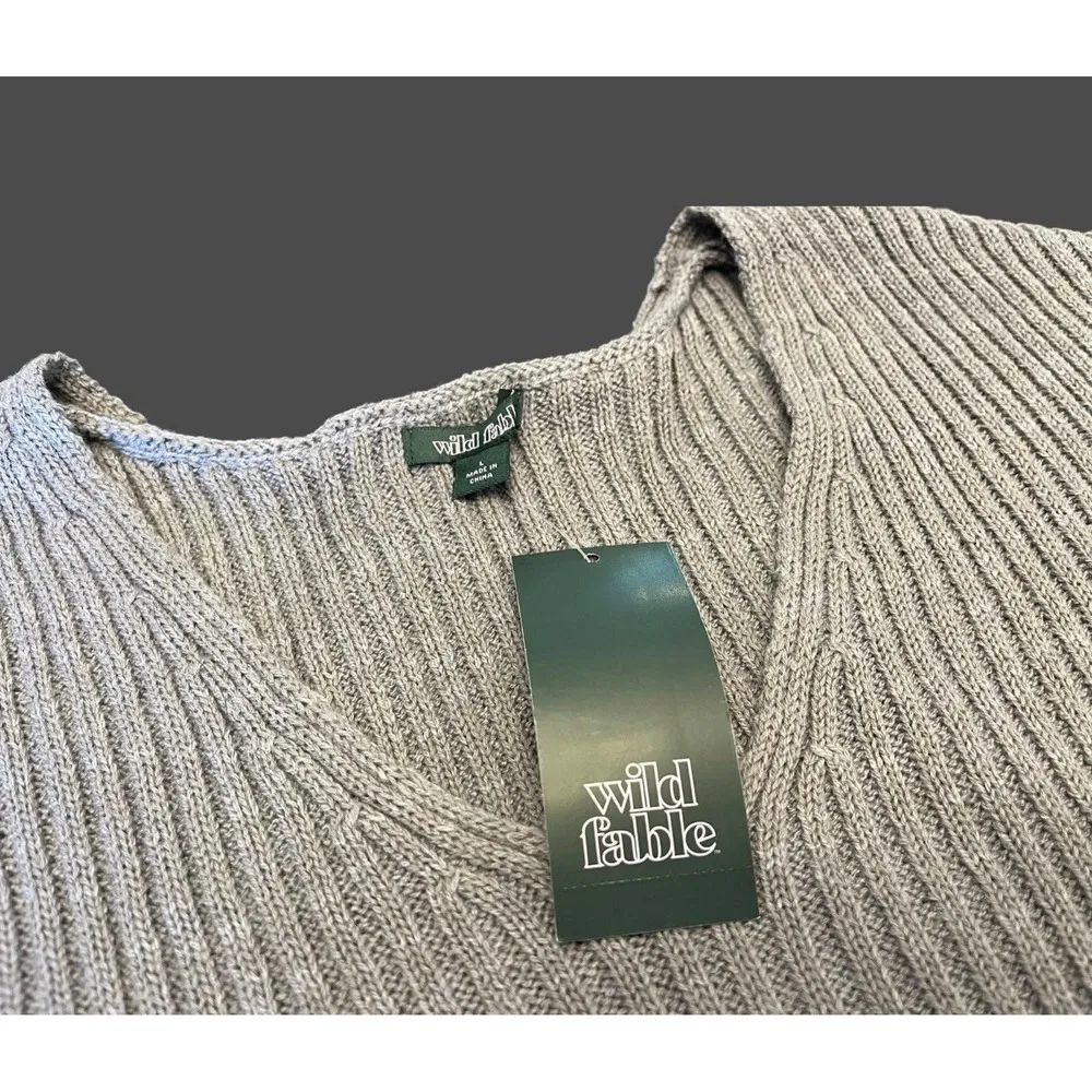 NEW Wild Fable V-Neck Crop SUMMER SWEATER LG 12/14 Gray Rib Knit Pullover Womens - Image 5