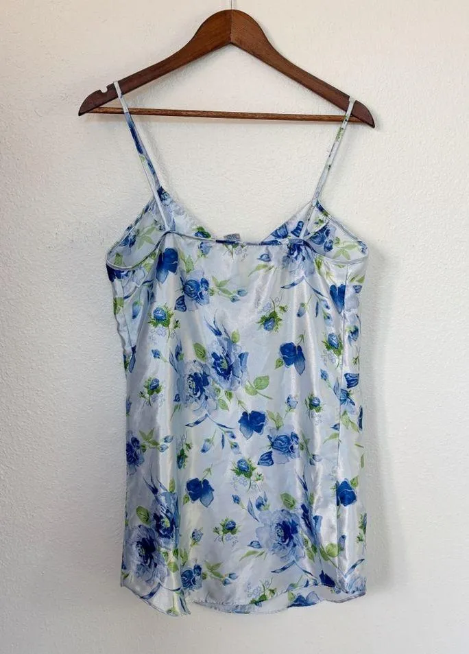 Vintage Pastel Blue Floral Satin Chemise Size M - Image 4