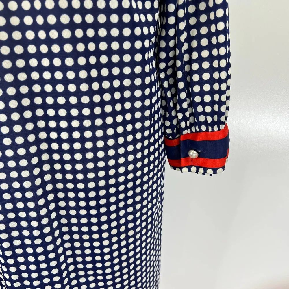 Vintage 60s 70s Cay Artley Shirt Dress Polka Dot Navy Blue Nautical Retro Size L - Image 8