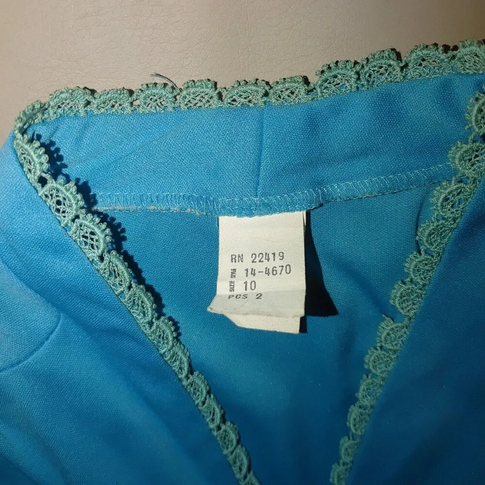 Women's Blue Midi 60 Sheer Polyester Long Sleeve Zig Zag V Neck Dress Vintage Size M - Image 8