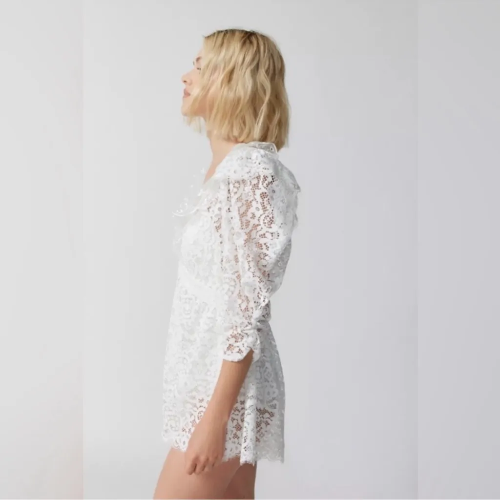 For Love & Lemons Women’s Santo White Lace Puff Sleeve Sheer Shorts Romper M - Image 9