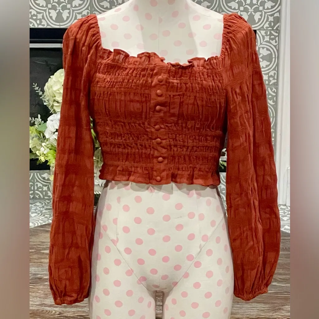 GIANNI BINI Rylee Square Neck Rust Button Front Long Sleeve Blouse - Small - NWT - Image 3