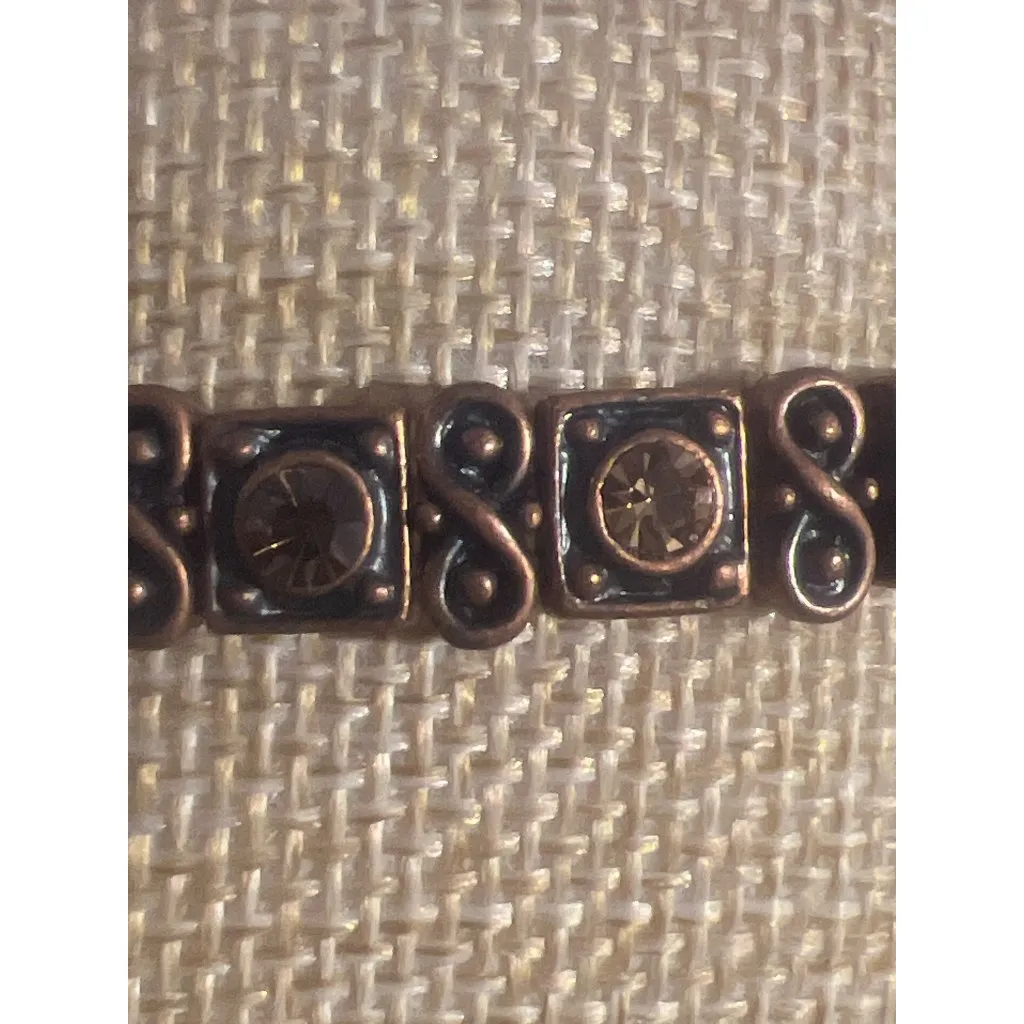 Vintage Bronze Tone Stretch Bracelet Embellished Amber Color Rhinestones Estate - Image 2