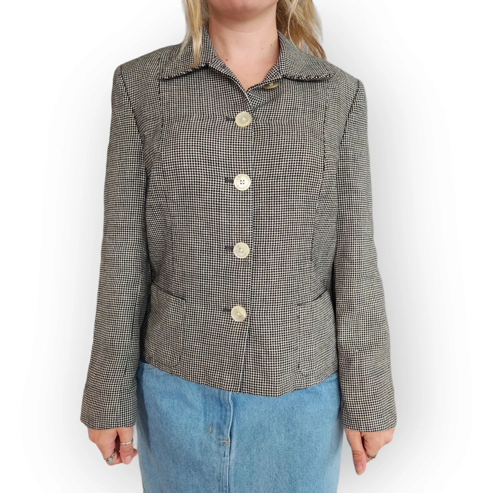 Vintage Lauren Ralph Lauren Wool Linen Black White Houndstooth Blazer Coat 10 - Image 10