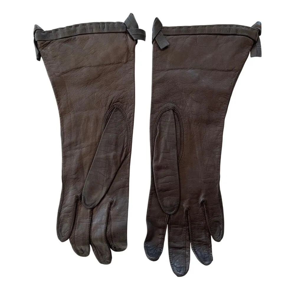 Vintage Real Kid Leather Opera Gloves Made In USA Size 6 3/4 19q Brown - Image 2