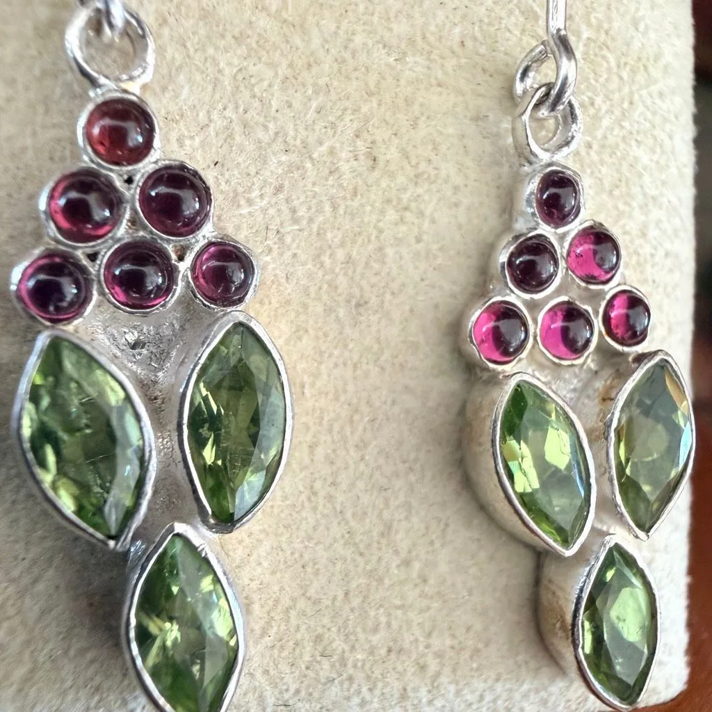 Sterling Silver Peridot & Garnet Dangle Earrings - Image 2
