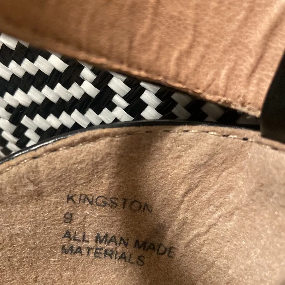 JustFab Kingston Black and White Chevron Raffia Ankle Strap Wedges - Image 7