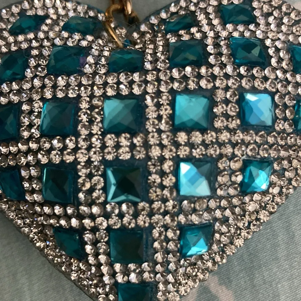 Heart Keychain Blue with Reinstones. Blue tassel and gold ball. Heart studded. - Image 4