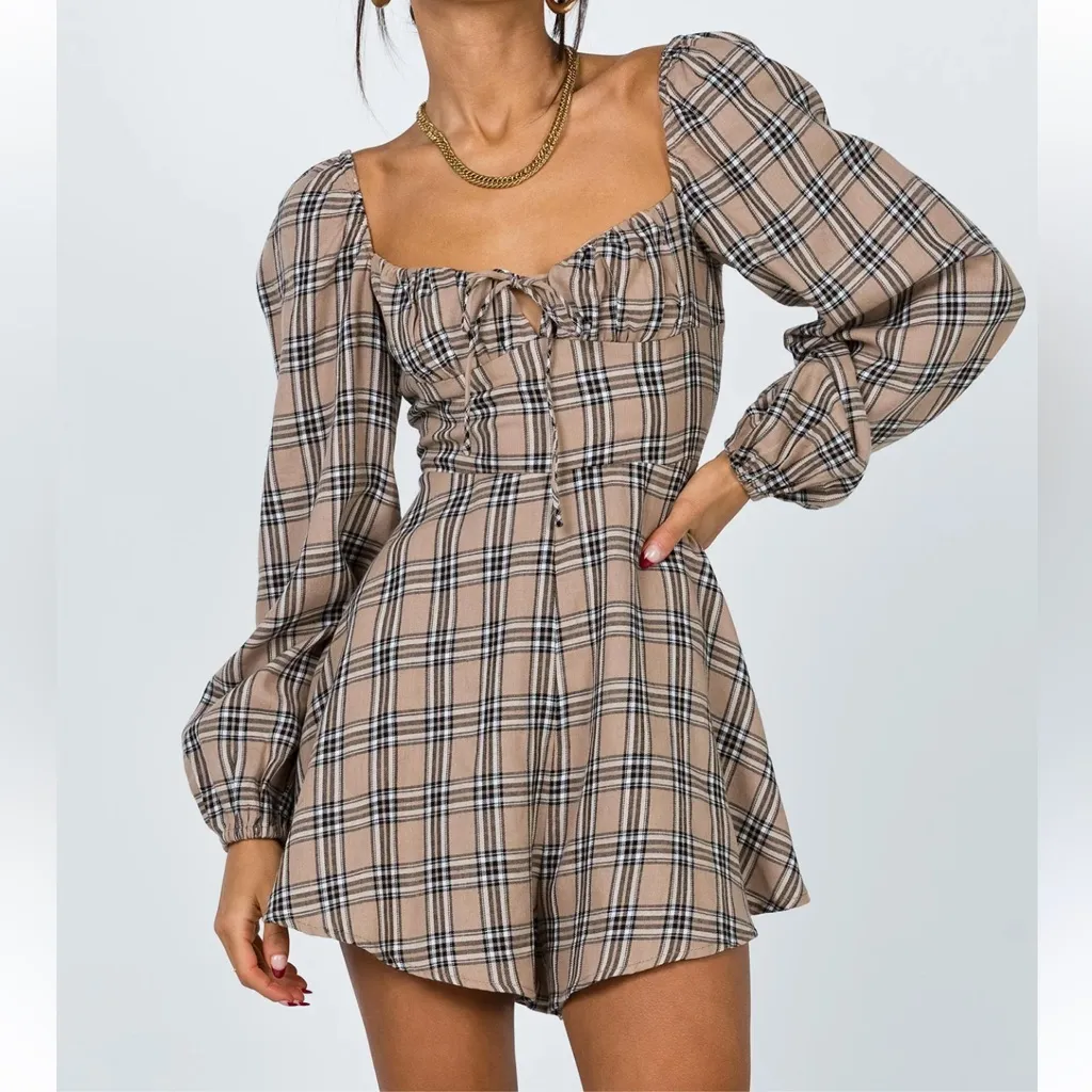 Princess Polly Olivia Romper Multi Tan Plaid Fit & Flare Long Sleeve Size US 10 - Image 2