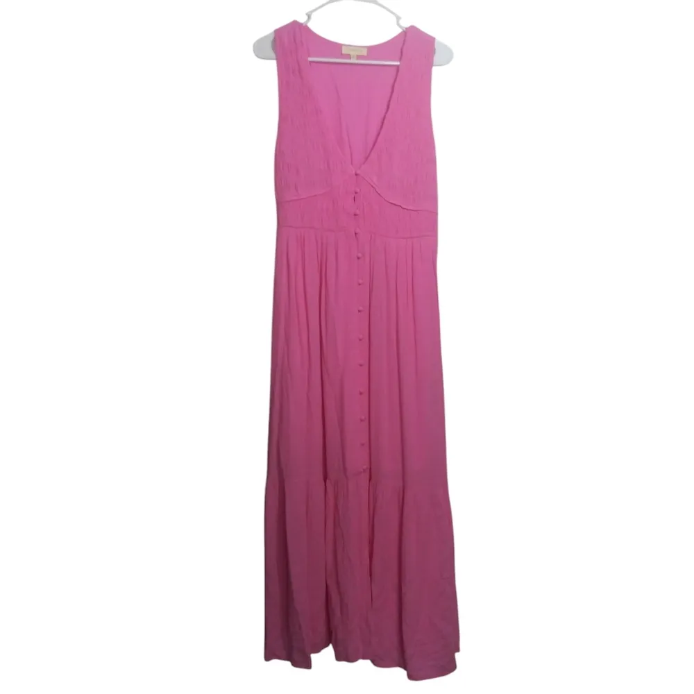 Promesa Bubble Gum Pink Sea Breeze Smocked Crepe Button-Front Maxi Dress Size M - Image 2