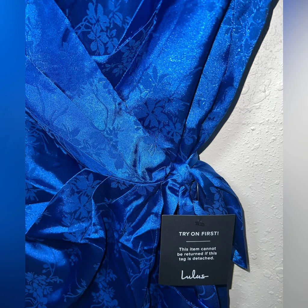 Gorgeous Dream Royal Blue Satin Floral Jacquard Midi Wrap Dress Women’s‎ Size M Size M - Image 4