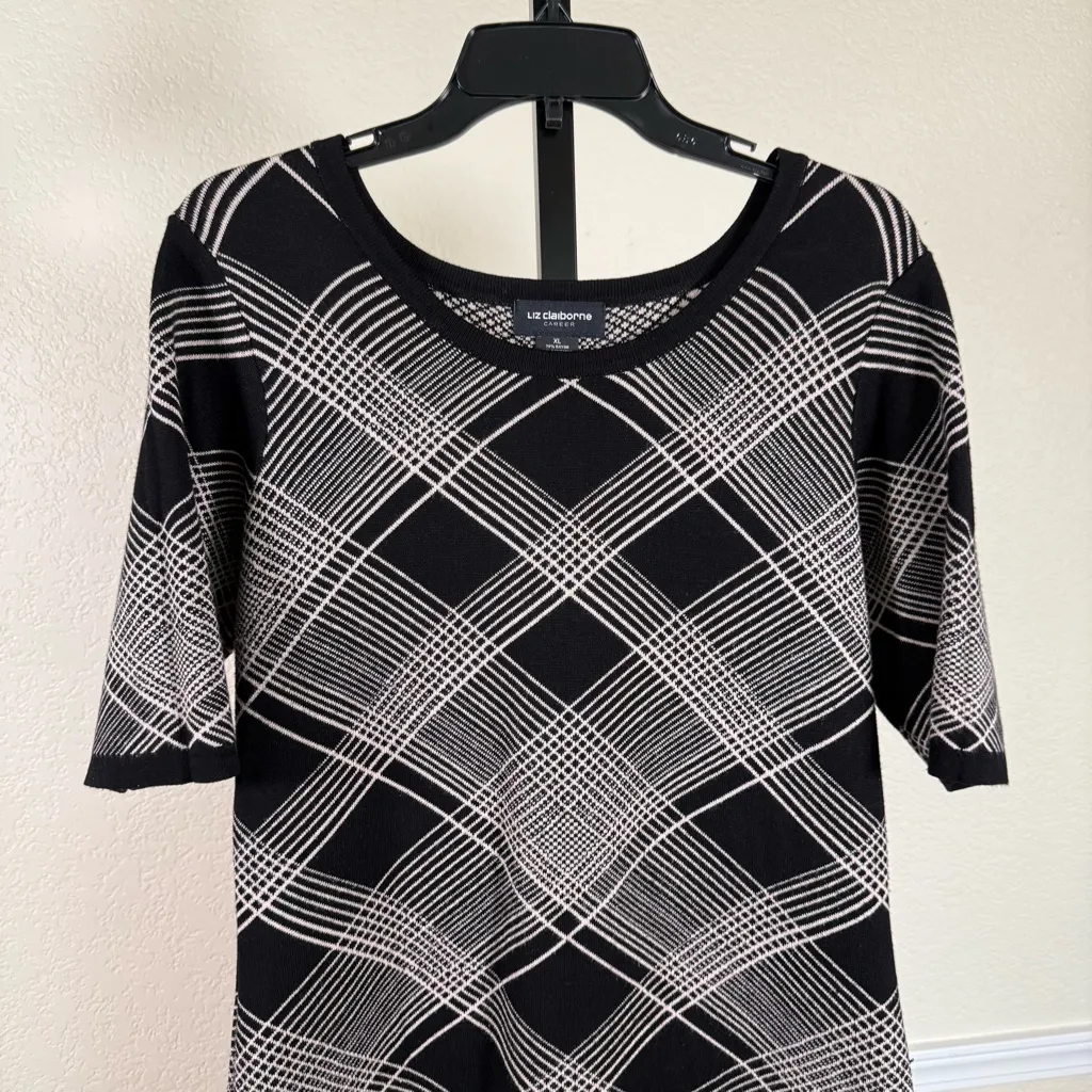 Liz Claiborne Plaid Knit Sweater Dress XL Black White Business Casual Career - Image 3