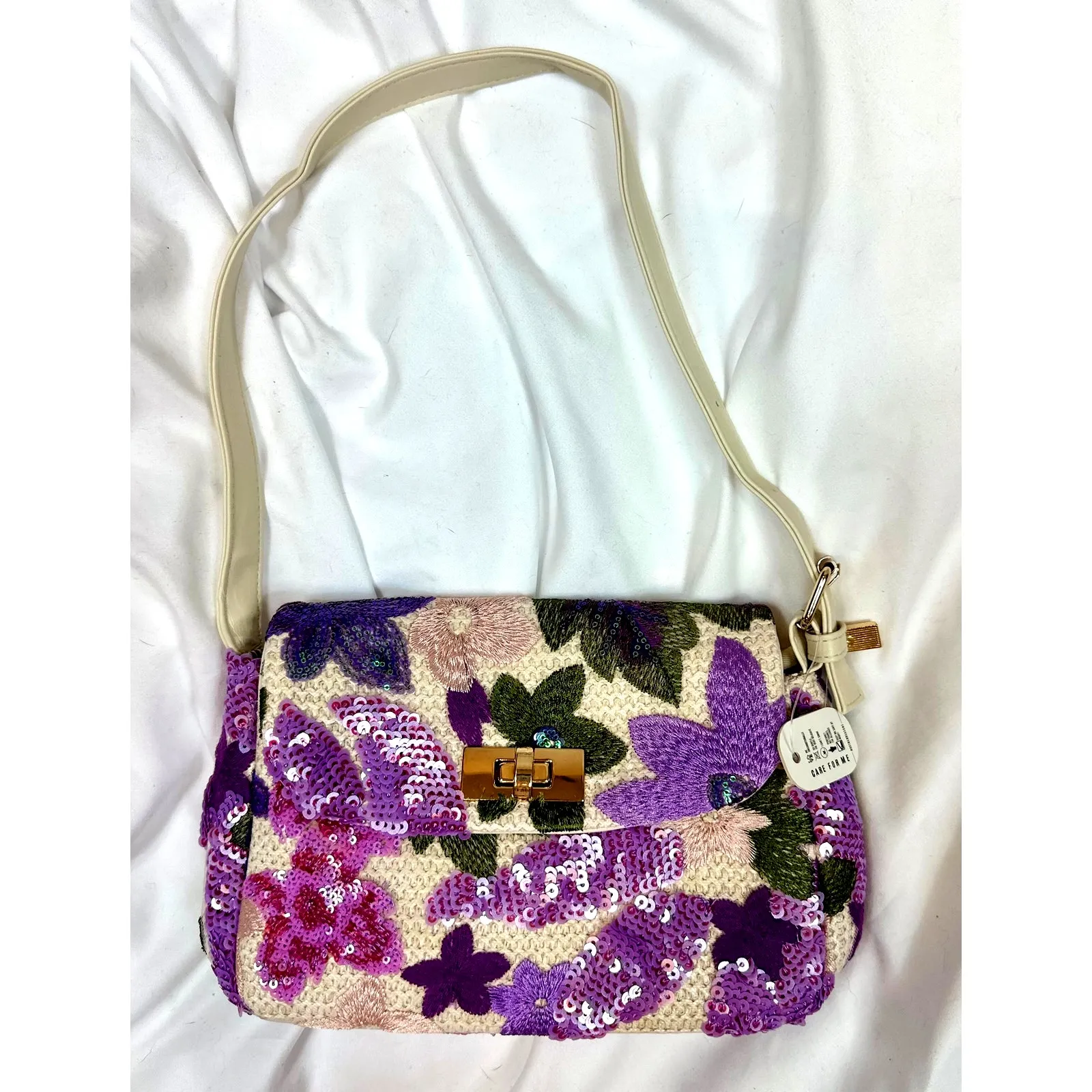 8 Other Reasons Floral Sequined Clutch/Shoulder Bag Purple Pink Green - Image 14