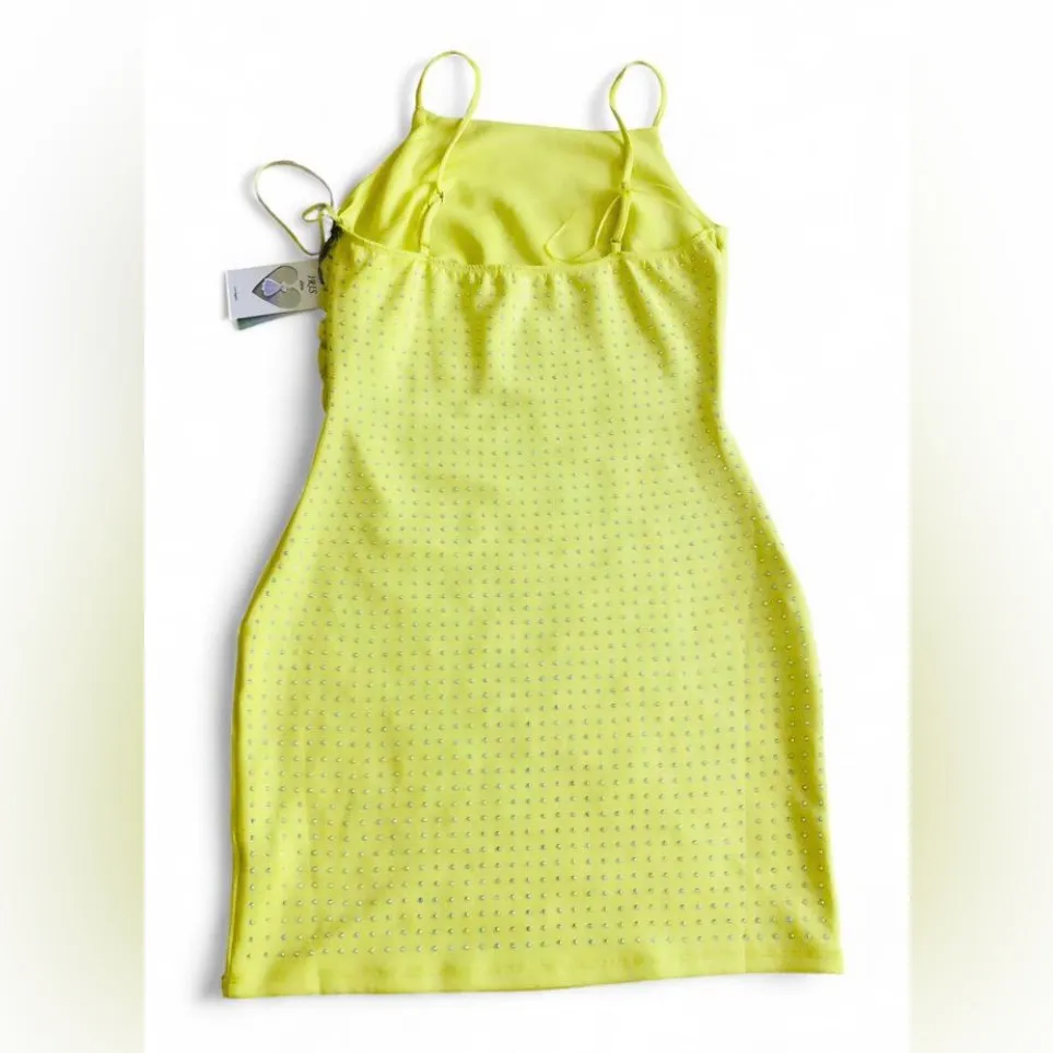 Y2K Iris Neon Yellow Rhinestone Sleeveless Mini Bodycon Sheath Dress Size Medium - Image 3