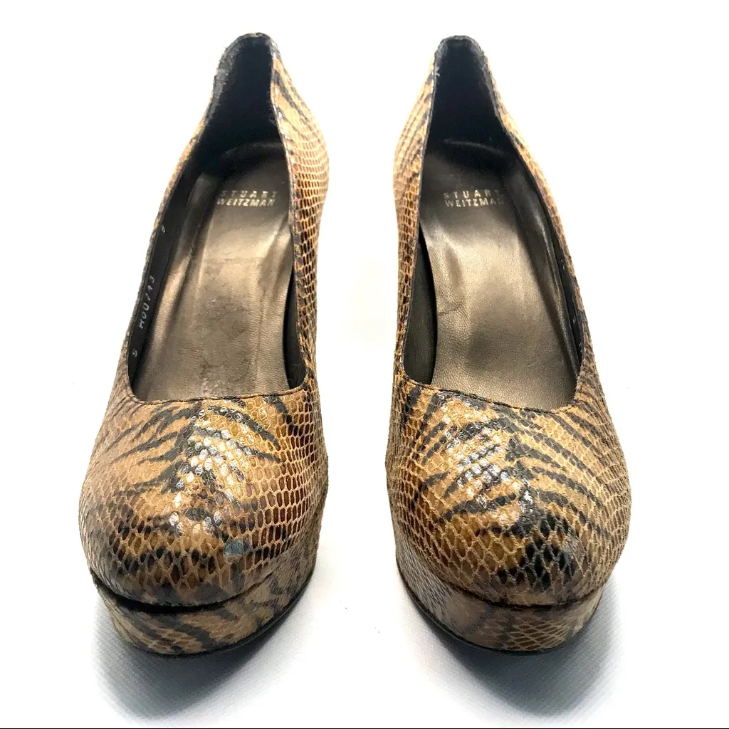 STUART WEITZMAN BROWN & BLACK LEATHER ANIMAL PRINT SNAKESKIN EMBOSSED HEELS (9) - Image 4