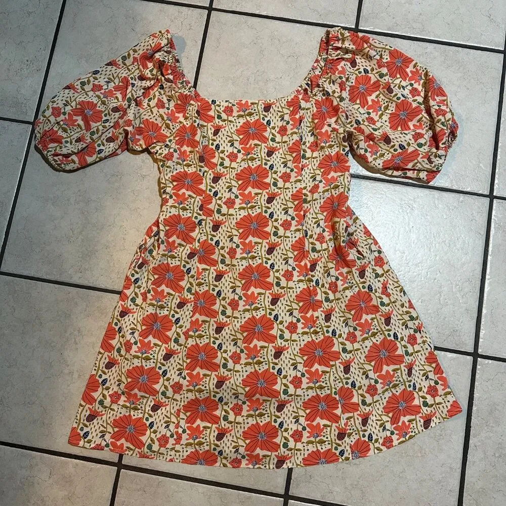 Kori Knee-Length Orange Multicolor Floral Puff Sleeve Dress‎ Sz M - Image 3