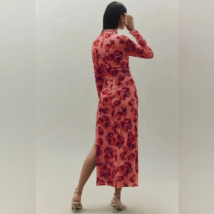 NWT BHLDN Isabella Long-Sleeve High-Neck Cutout Velvet Maxi Dress Size XL Coral - Image 2