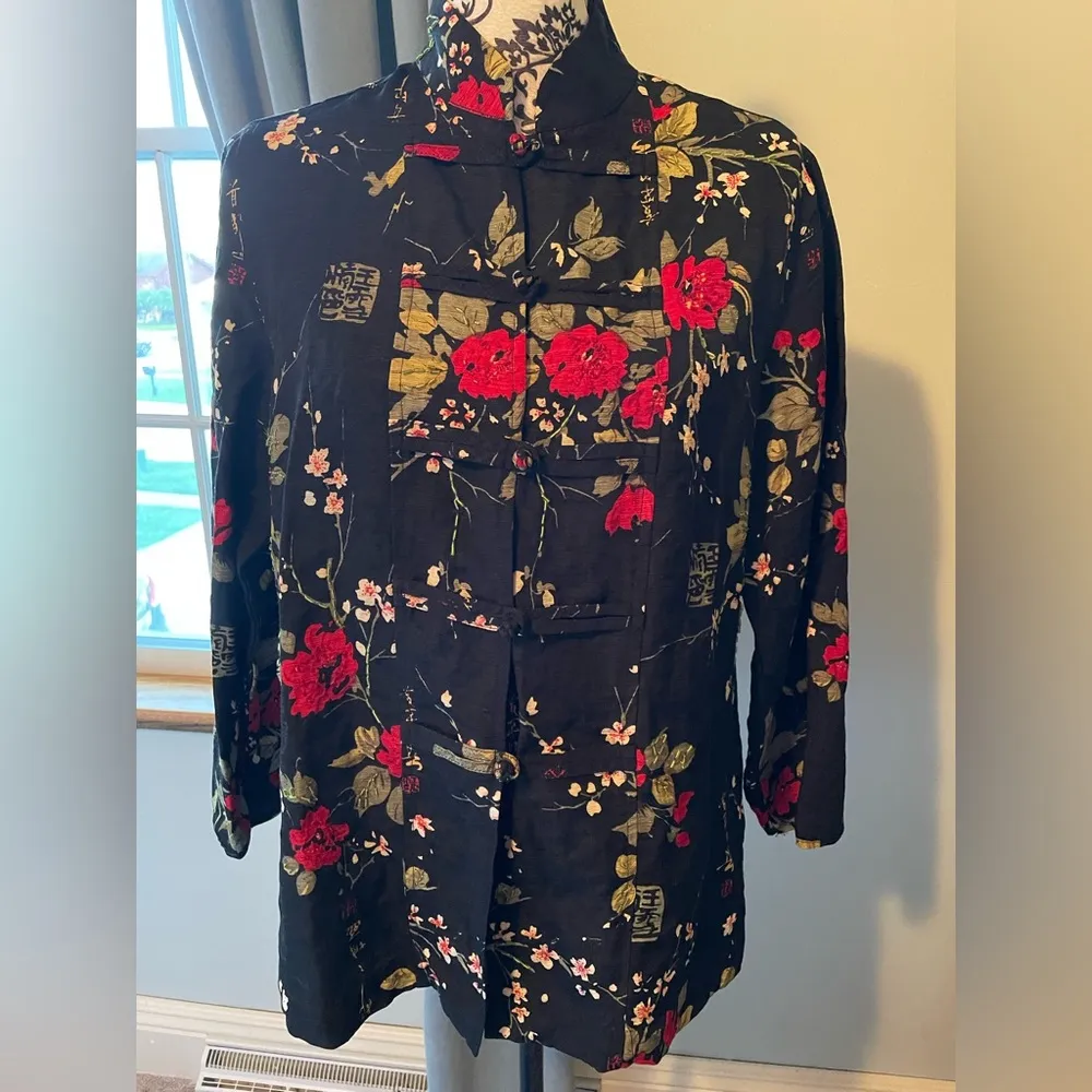 Silkland Women's Shirt Long Sleeve Kimono Top Black Red Beaded Flowers Silk Sz M Size M - Image 11
