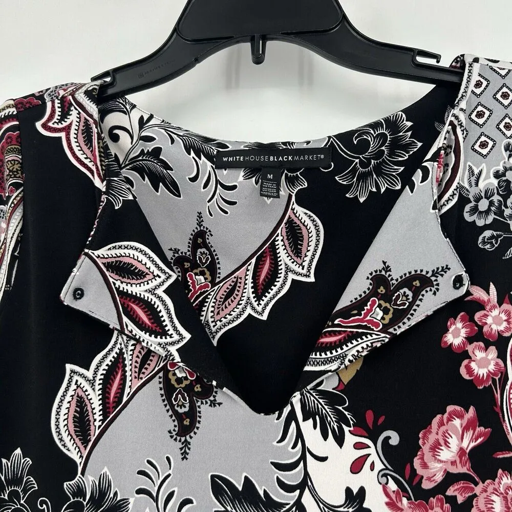 WHBM Floral Shift Dress Black White Boho 3/4 Sleeves Paisley Stretch Size M - Image 3