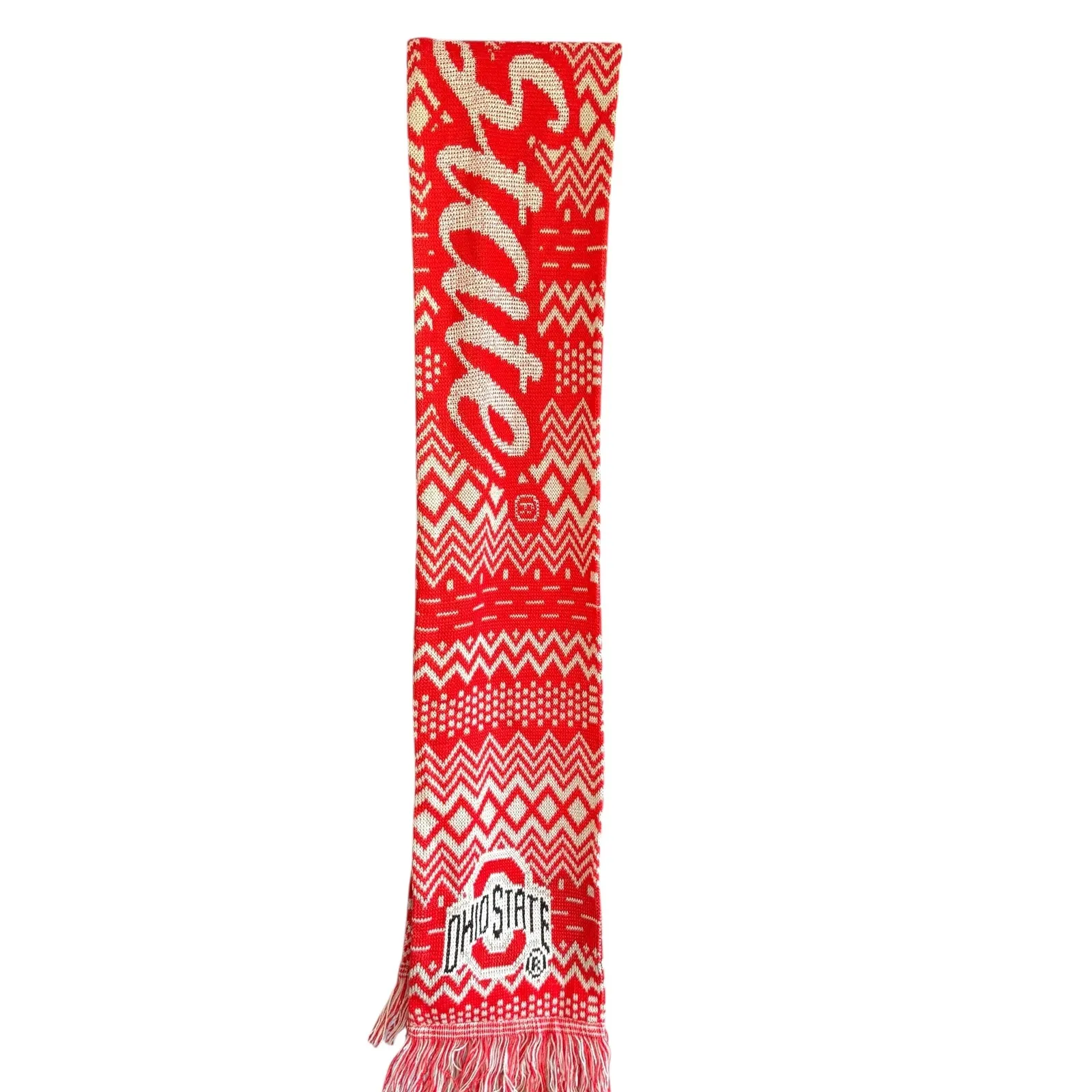 Ohio State Buckeyes Red Silver Knit Scarf with Fringe "O" Logo "OHIO STATE" - Image 2