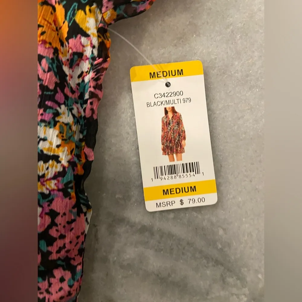 NWT Vince Camuto Size M Black Floral Ruffle Flowy Long Sleeve Sheer Mini Dress - Image 9