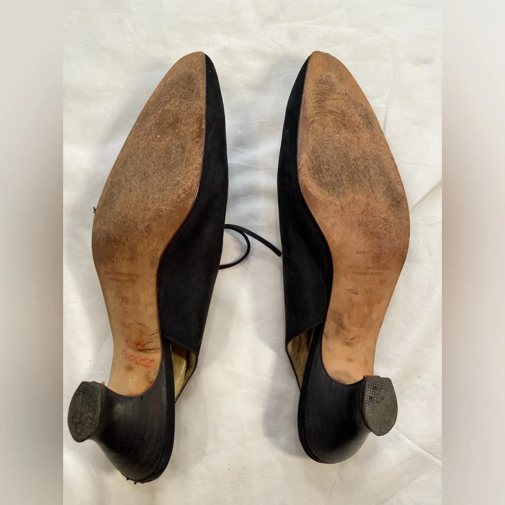 Saks Fifth Ave Vintage FENTON LAST Black Suede Sling Back Lace‎ Up Shoes Size 10 - Image 4