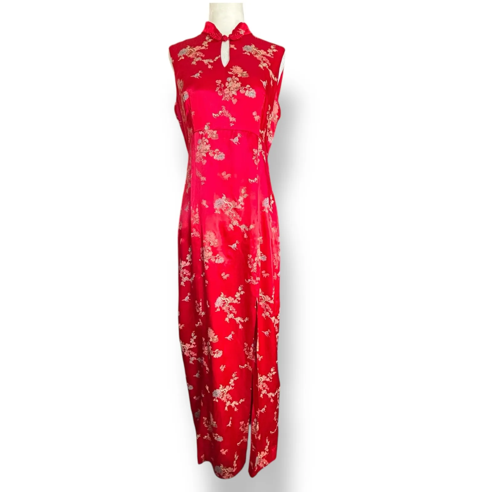 Vintage 90s All That Jazz Red Floral Brocade Cheongsam Maxi Dress Elegant Asian - Image 2