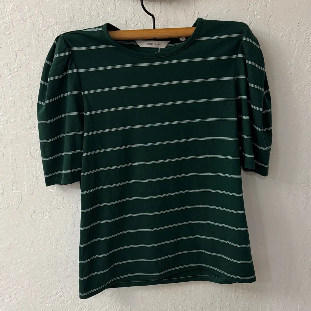 Rebecca Taylor Green A Line Puff Sleeve Stripe T Shirt Small - Image 2
