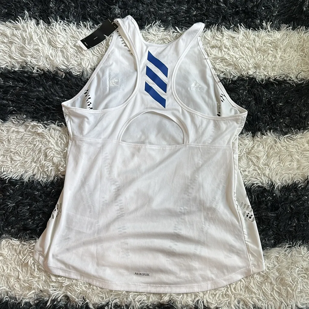 Adidas Women's Prime Blue Boston Marathon White Tank Top, Cut Outs, XL, NWT - Image 4
