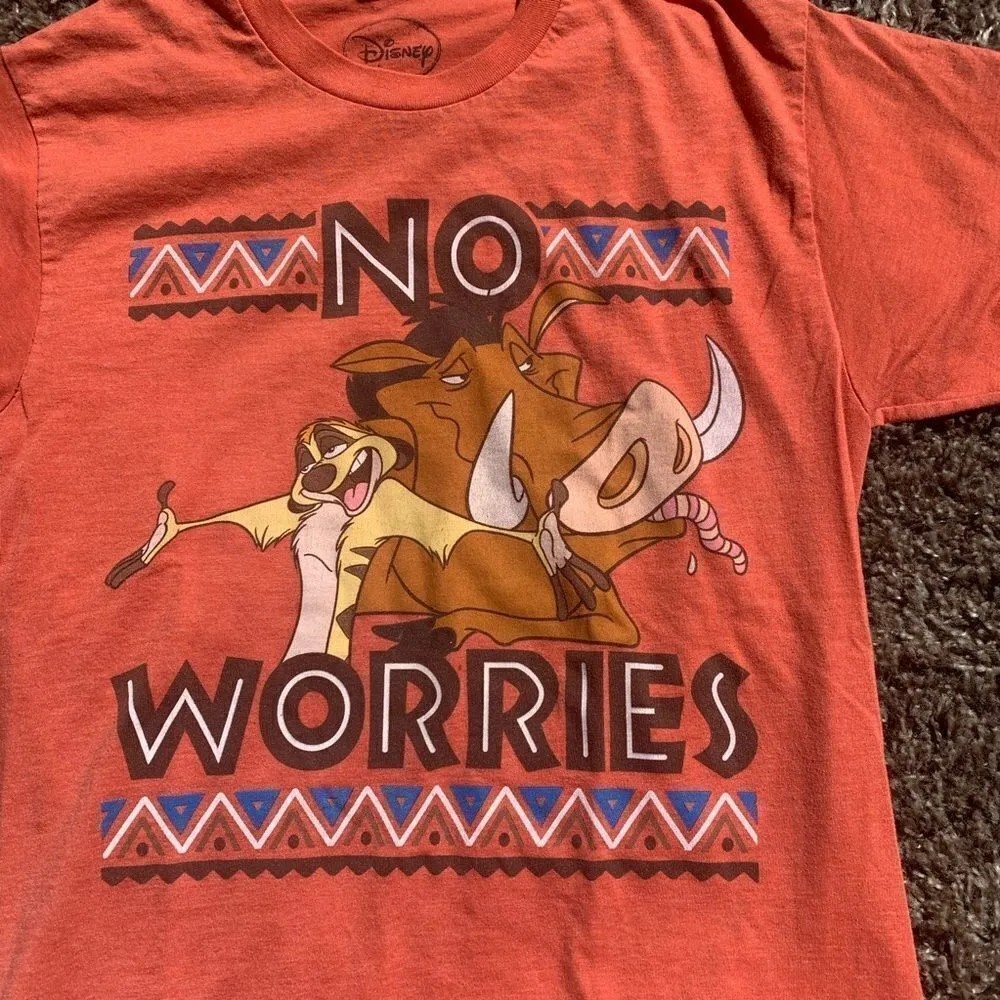 Disney Pumbaa & Timon “No Worries” Lion King Orange T Shirt Size Small Tribal - Image 3