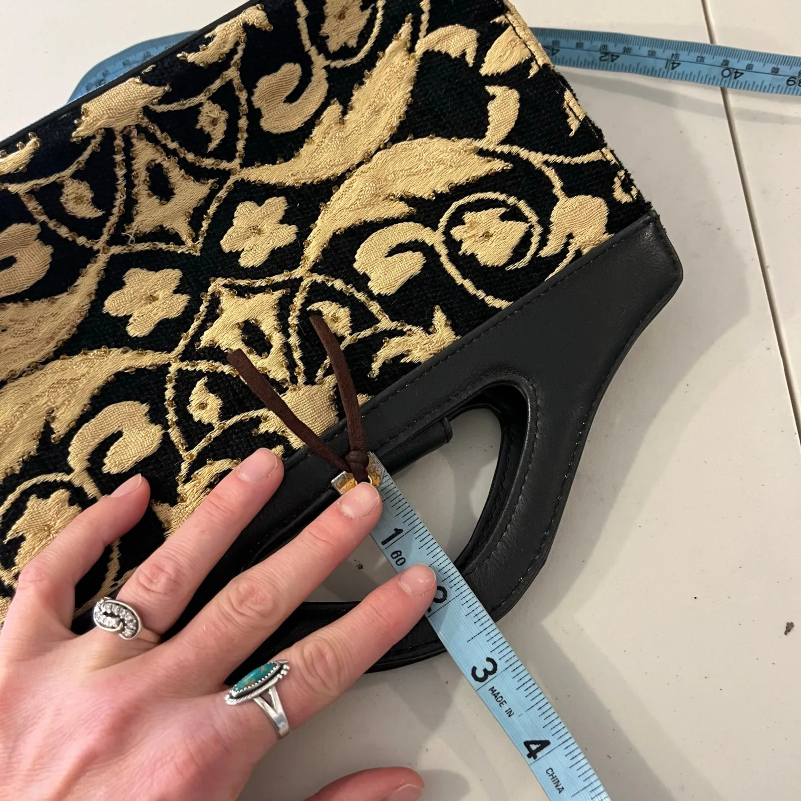 Vintage 90s Black Leather Victorian Tapestry Beaded Top Handle Small Bag - Image 12