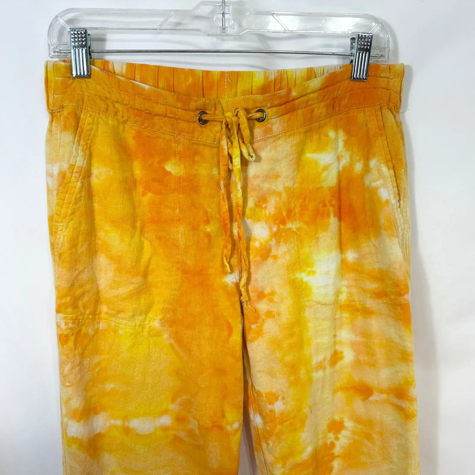 Cynthia Medium Linen Pants Handmade Tie Dye Yellow Orange Lounge Palazzo‎ 1592 - Image 3