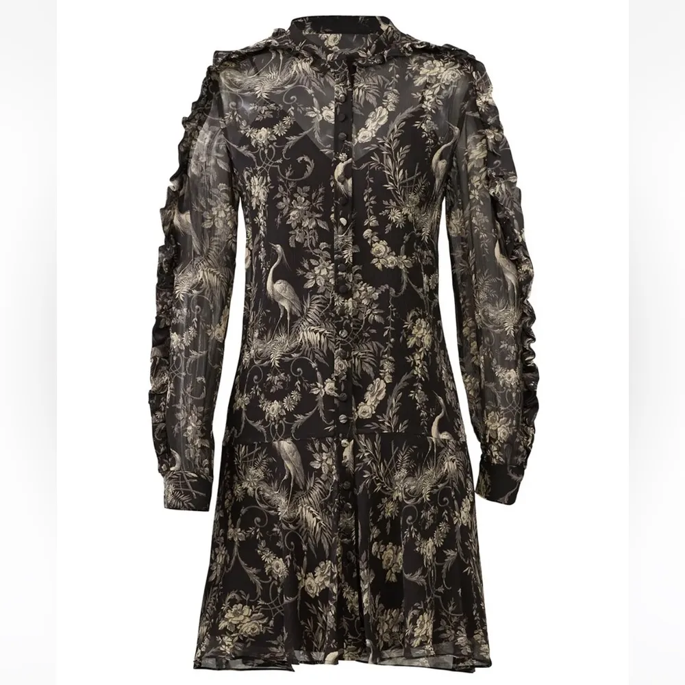 Silk Birdy Print Cold-Shoulder Dress Black Semi-Sheer Pattern AOP L - Image 4