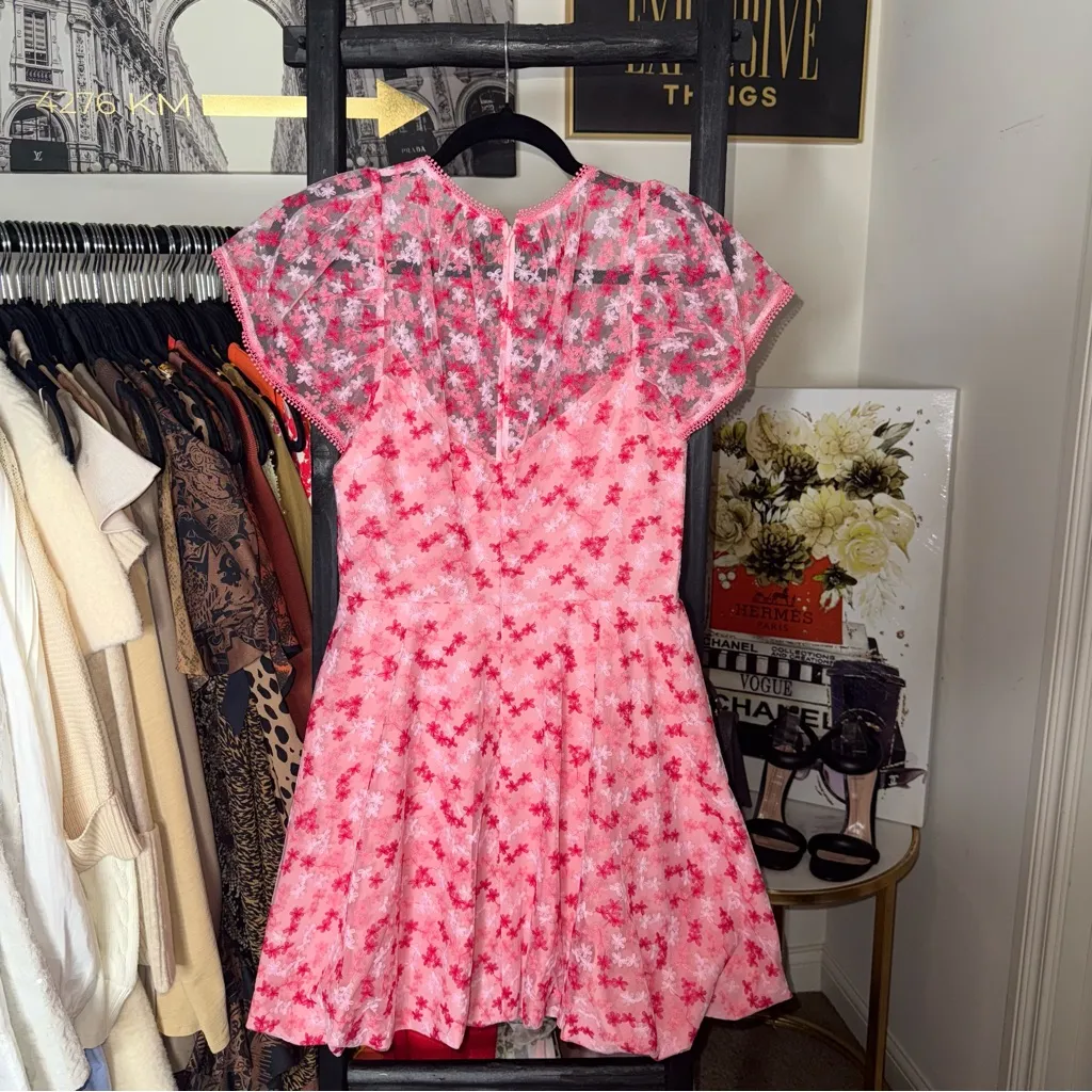 ML Monique Lhuillier Gathered Embroidered Tulle Mini Dress Pink Floral Fit Flare - Image 8