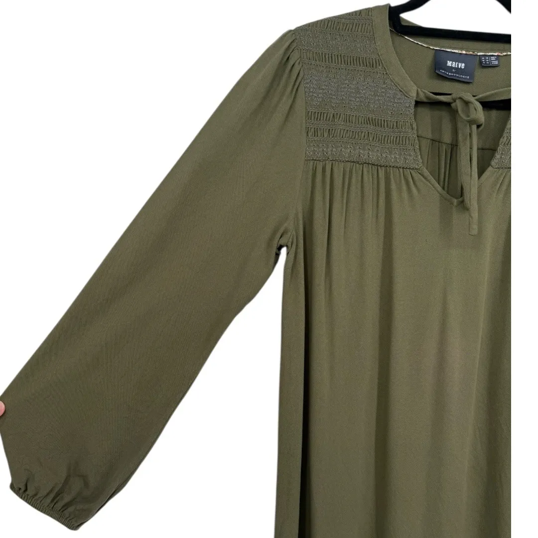 Anthropologie Maeve Ragonda Tunic Dress Moss Green Smocked Long Sleeve Size 12 - Image 12