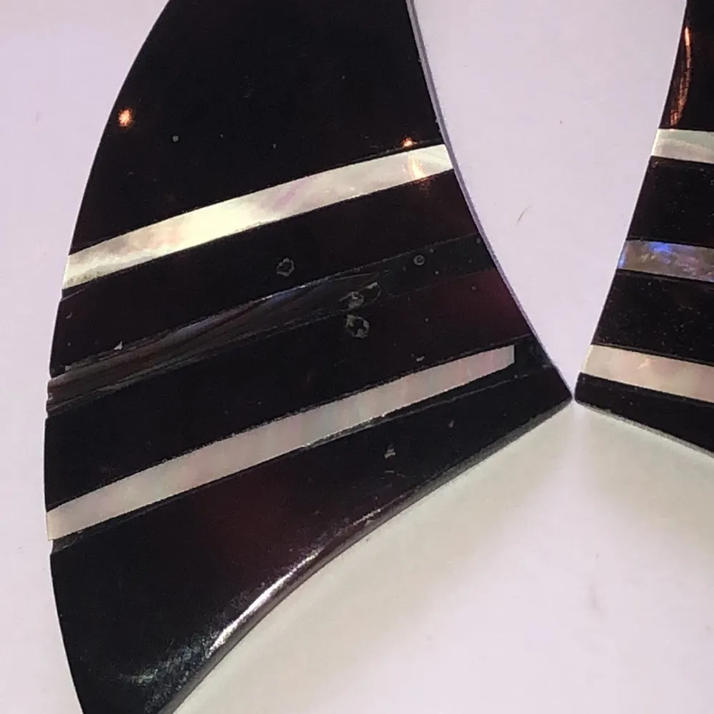 Dark Burgundy and Shell Striped Retro Boho Earrings Silver - Image 2