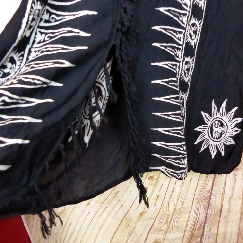 Sun Tribal Print Kaftan Dress Womens One Size Black Fringe Center Beach Hippie - Image 6